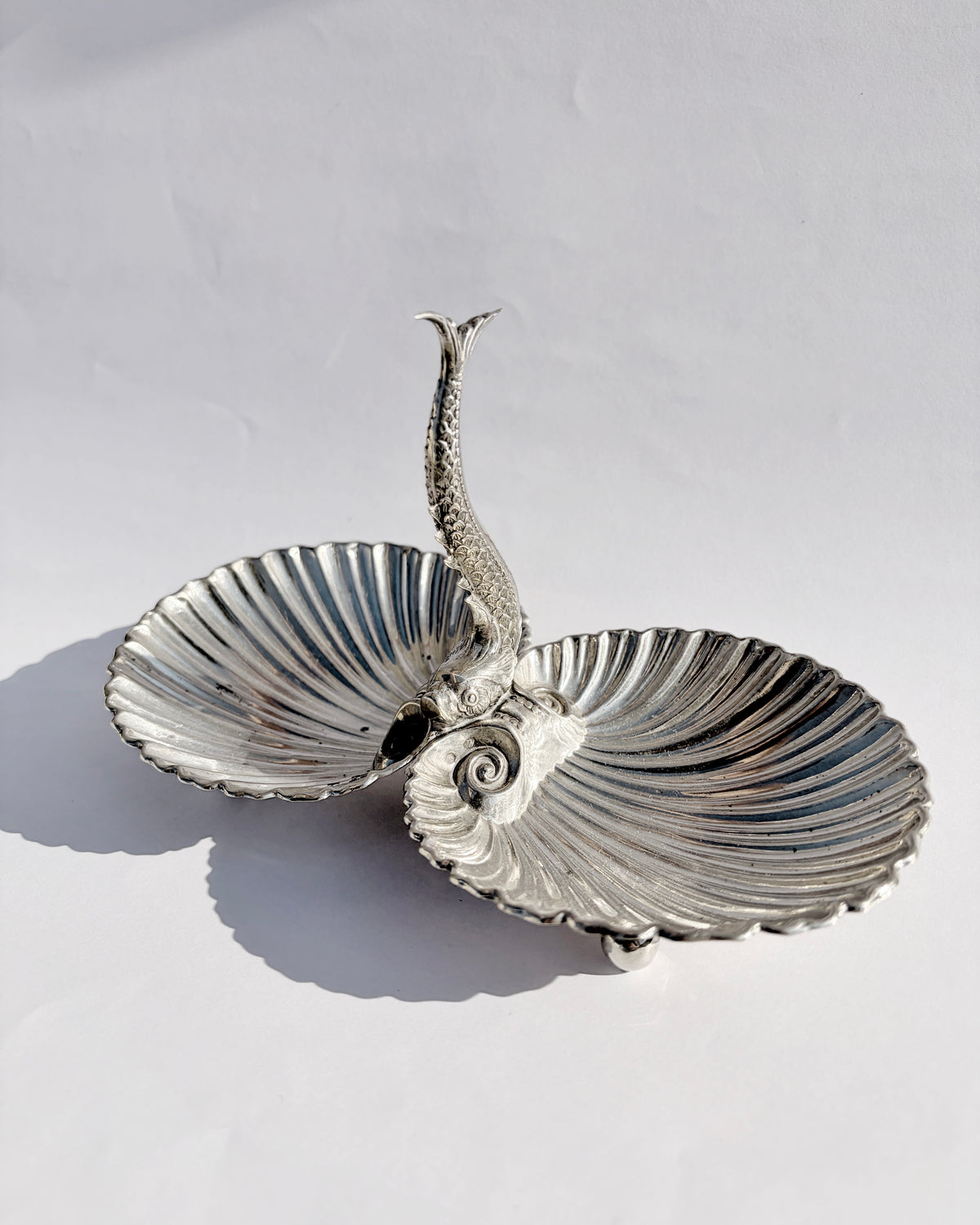 Vintage Double Scallop Shell Dish with Fish Handle