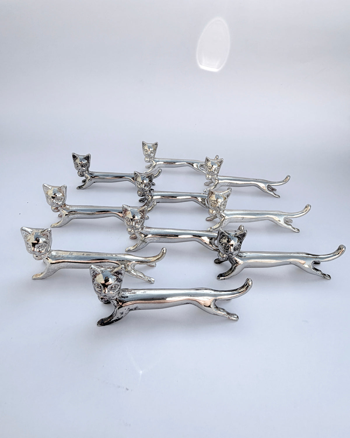 Vintage Mid-Century Silver-Plated Cat Knife Rests – Set of 10