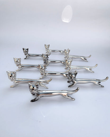 Vintage Mid-Century Silver-Plated Cat Knife Rests – Set of 10