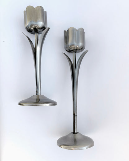 Vintage 1970s Silver-Tone Tulip Candle Holders – Set of 2