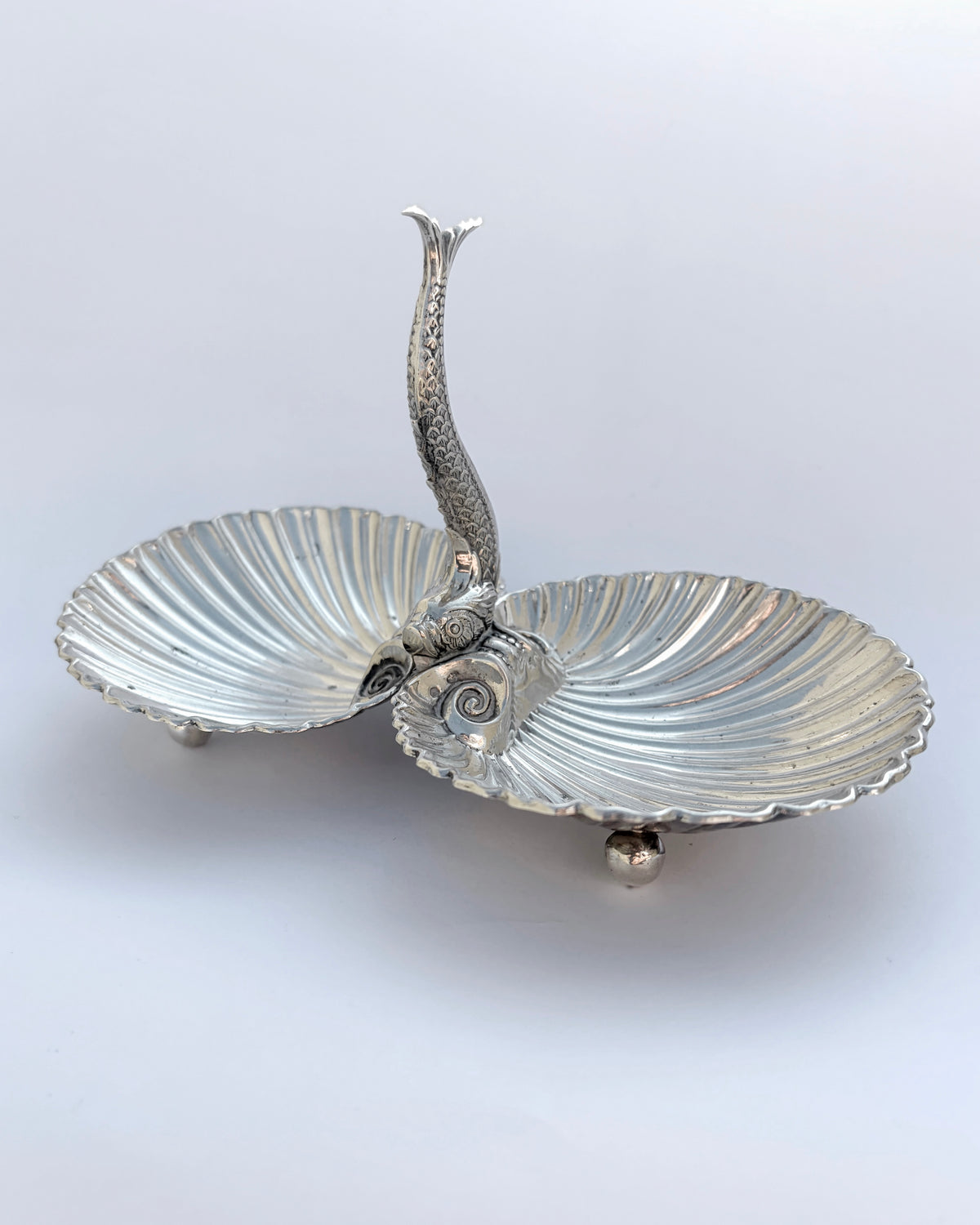 Vintage Double Scallop Shell Dish with Fish Handle