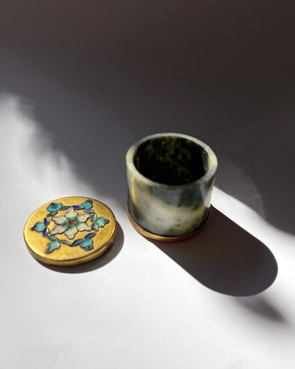 Vintage 1970s Green Stone Trinket Box with Cloisonné Enamel Floral Lid