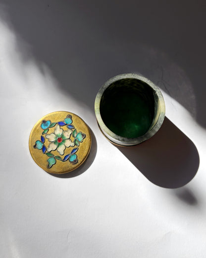 Vintage 1970s Green Stone Trinket Box with Cloisonné Enamel Floral Lid