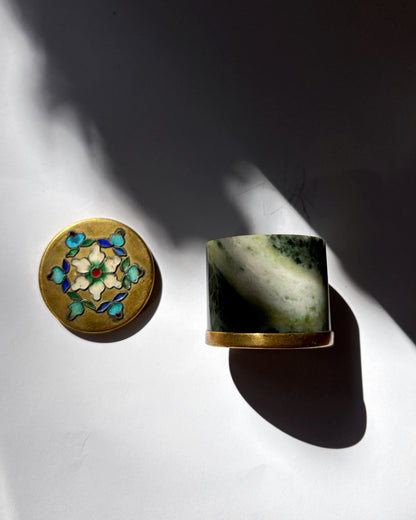 Vintage 1970s Green Stone Trinket Box with Cloisonné Enamel Floral Lid
