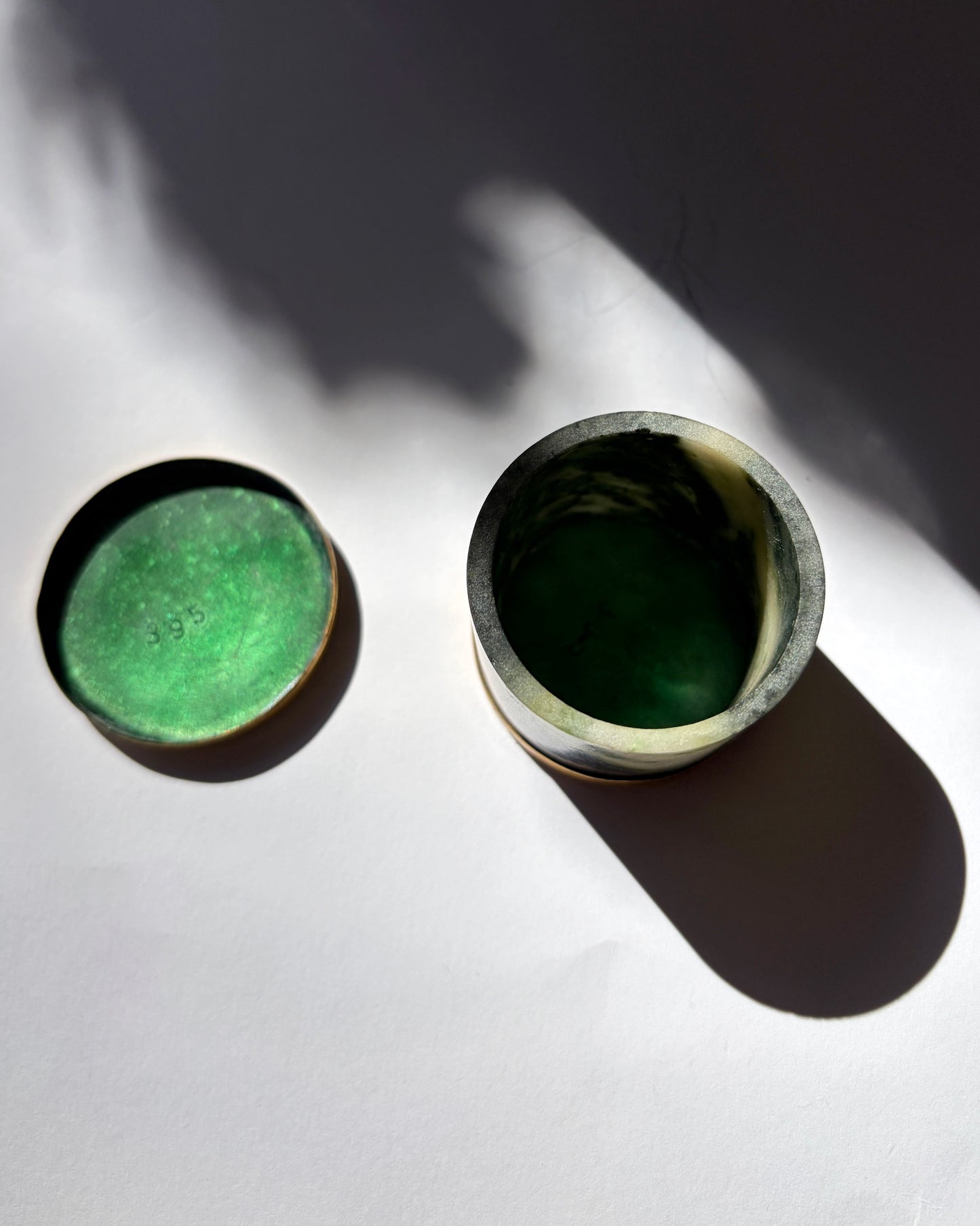 Vintage 1970s Green Stone Trinket Box with Cloisonné Enamel Floral Lid
