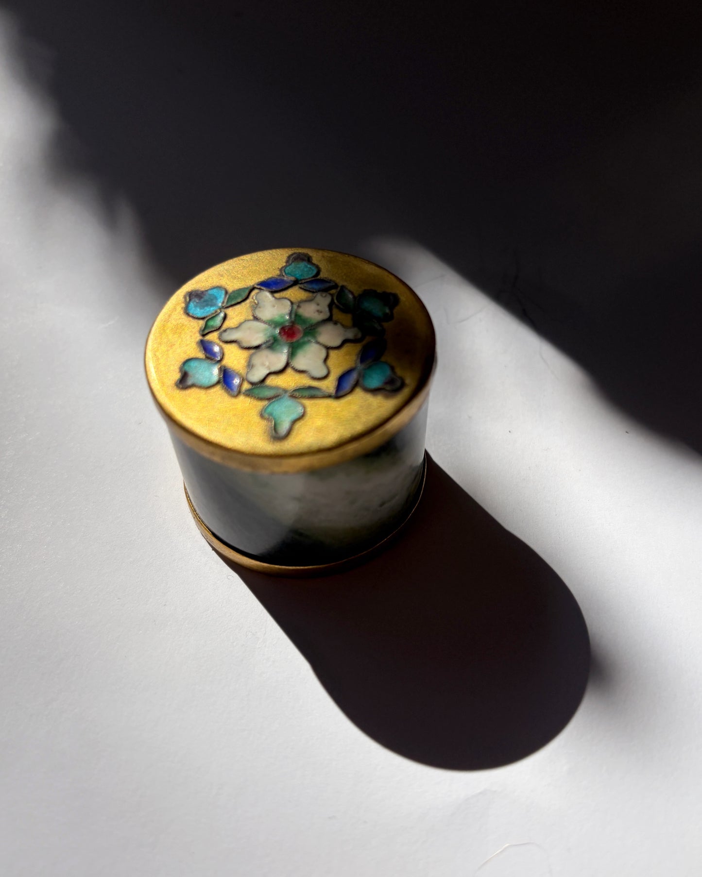 Vintage 1970s Green Stone Trinket Box with Cloisonné Enamel Floral Lid