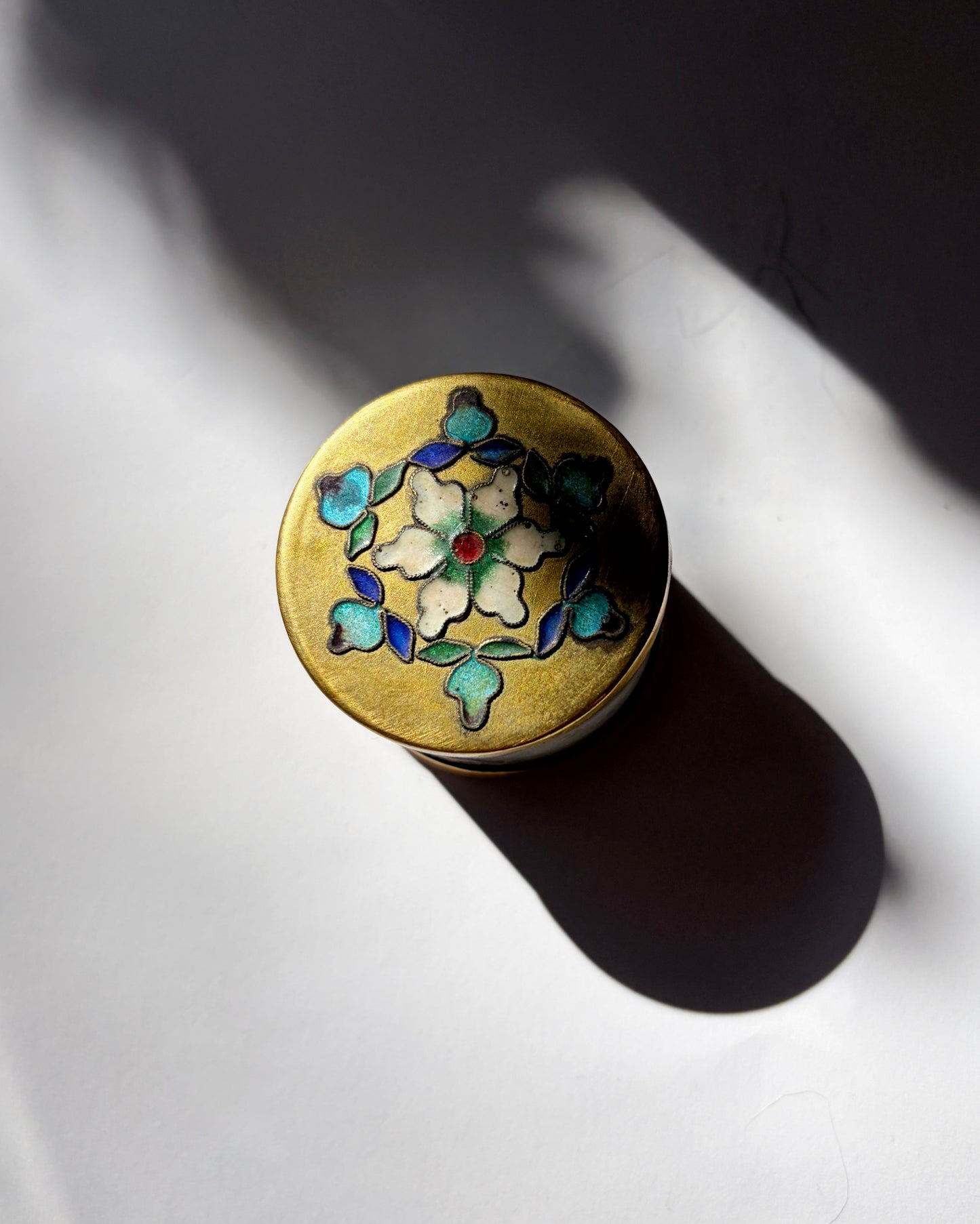 Vintage 1970s Green Stone Trinket Box with Cloisonné Enamel Floral Lid
