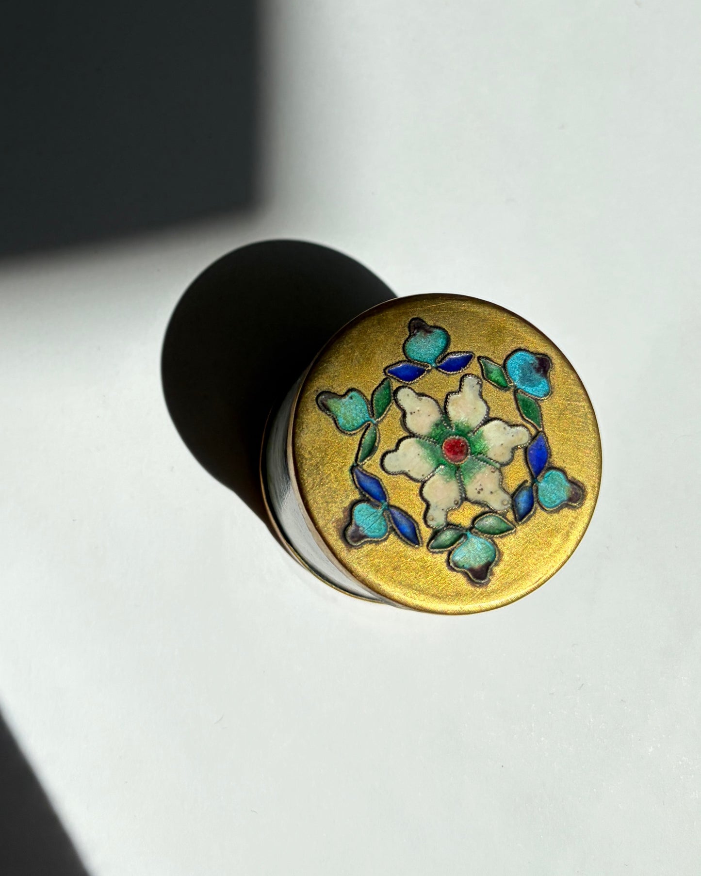 Vintage 1970s Green Stone Trinket Box with Cloisonné Enamel Floral Lid