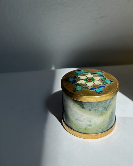Vintage 1970s Green Stone Trinket Box with Cloisonné Enamel Floral Lid