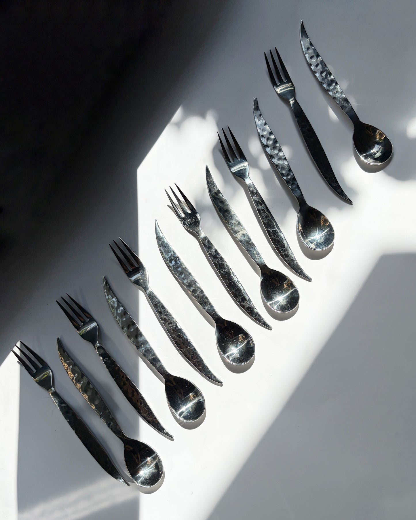 Vintage Mid Century Hammered Stainless Steel Flatware Set – 12 Piece