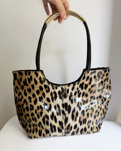 Vintage 1980s Leopard Print Vinyl Handbag & Matching Clutch Set - Made in Italy