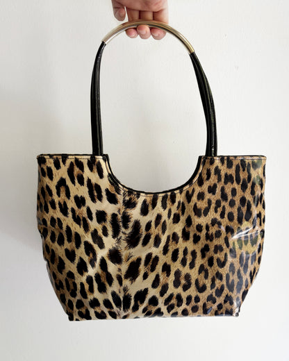 Vintage 1980s Leopard Print Vinyl Handbag & Matching Clutch Set - Made in Italy