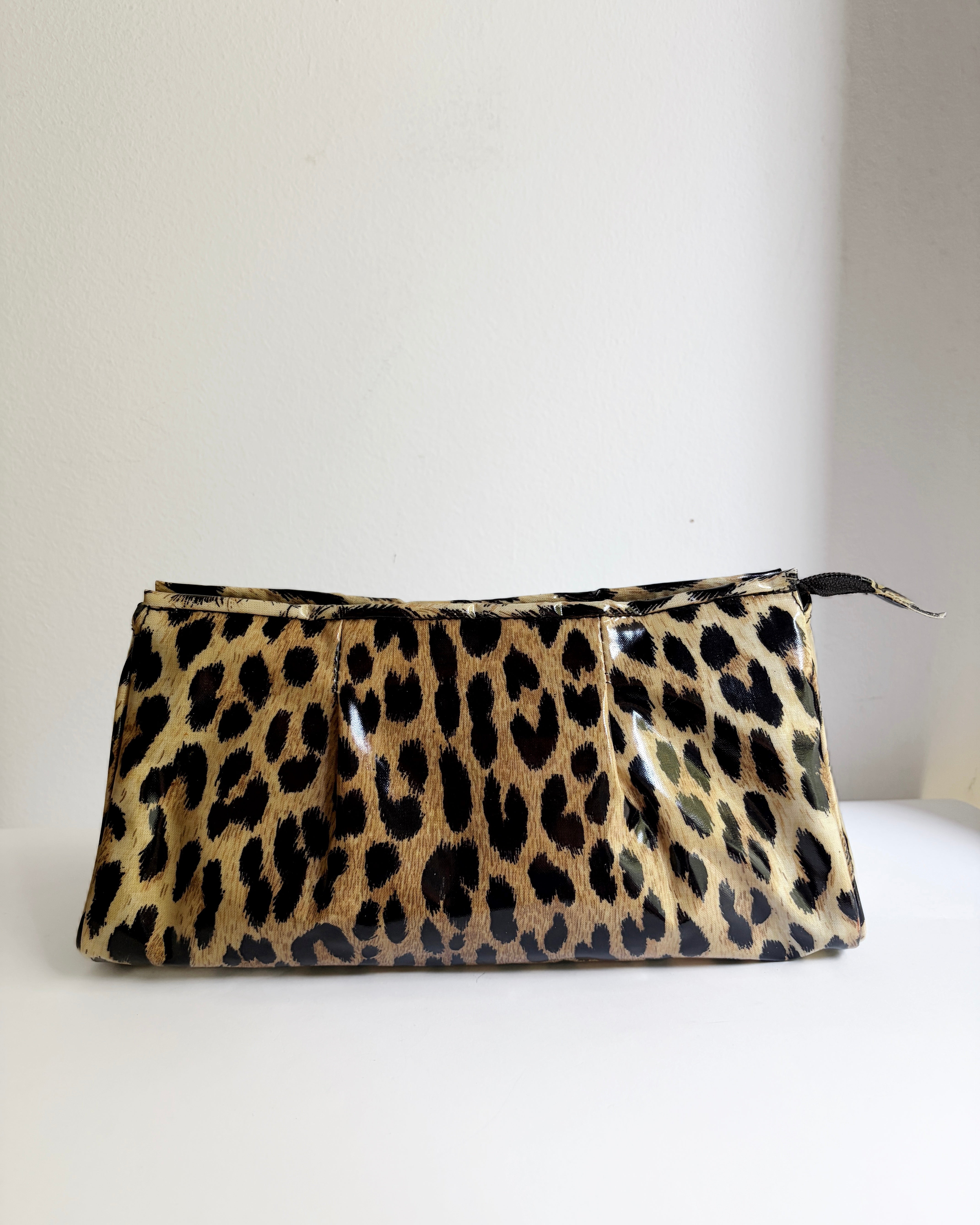 Vintage 1980s Leopard Print Vinyl Handbag & Matching Clutch Set
