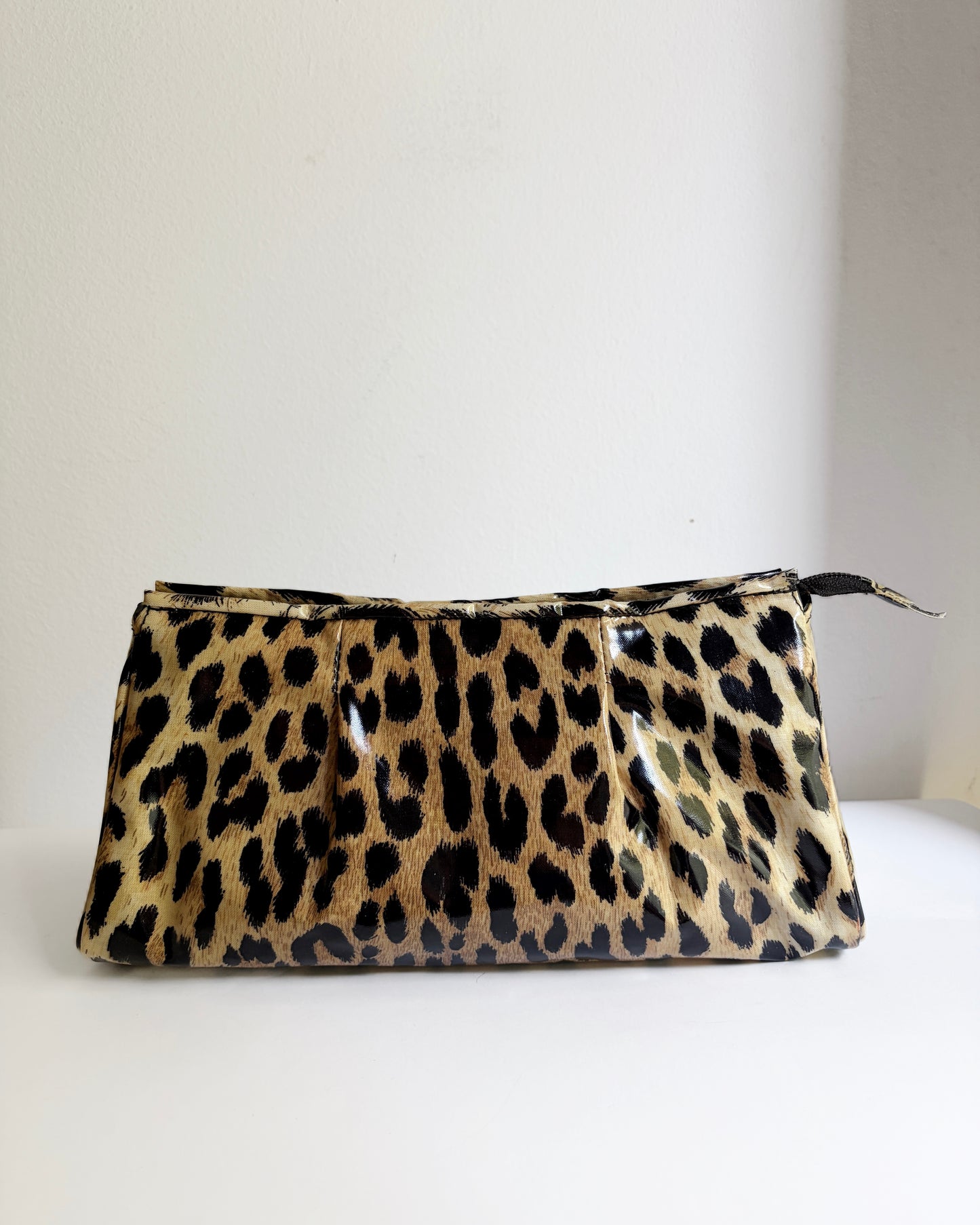 Vintage 1980s Leopard Print Vinyl Handbag & Matching Clutch Set - Made in Italy
