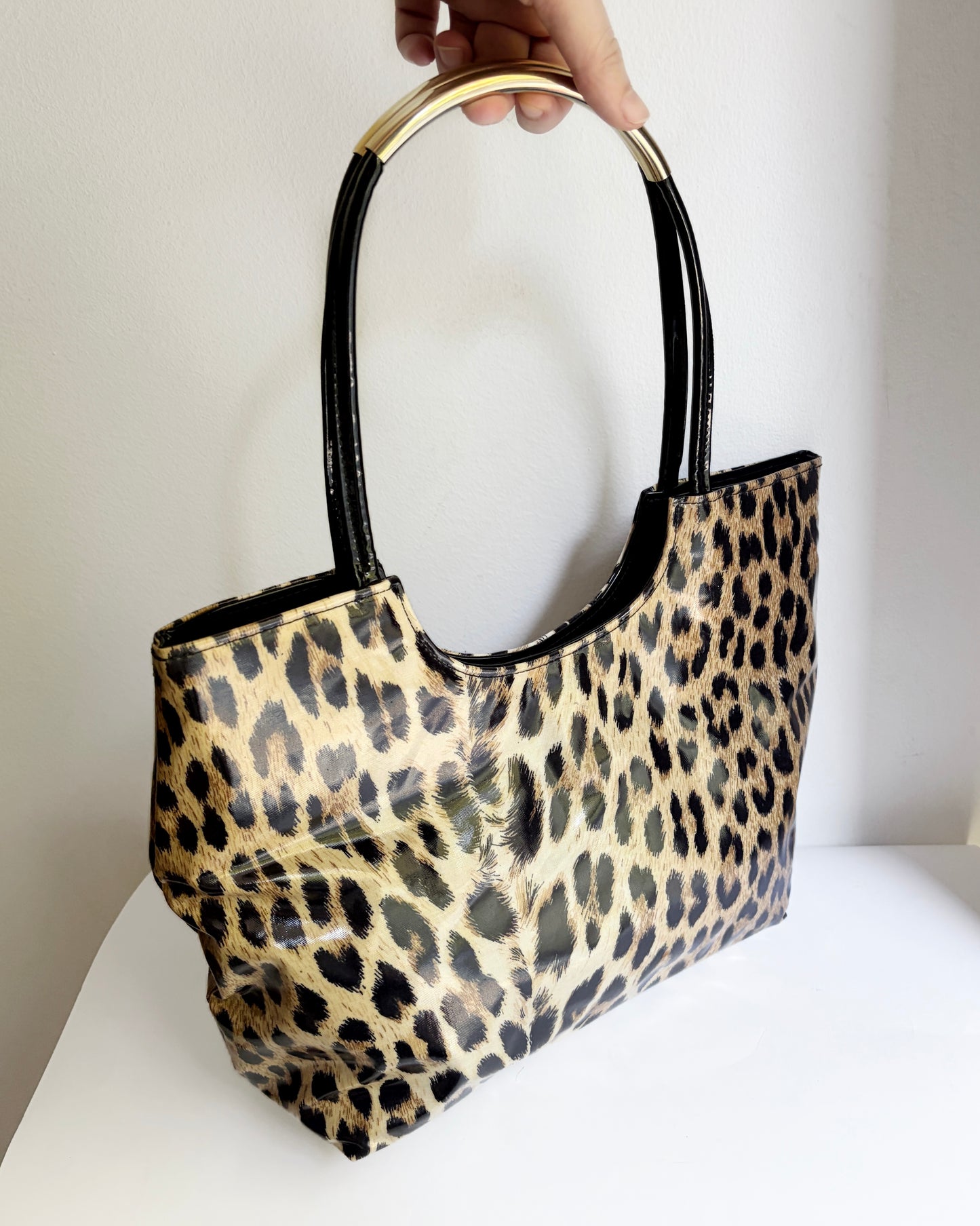 Vintage 1980s Leopard Print Vinyl Handbag & Matching Clutch Set - Made in Italy