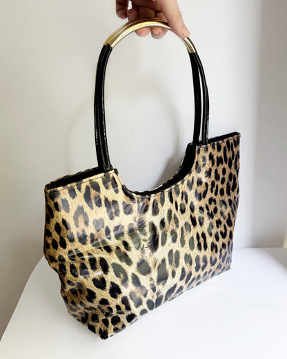 Vintage 1980s Leopard Print Vinyl Handbag & Matching Clutch Set - Made in Italy