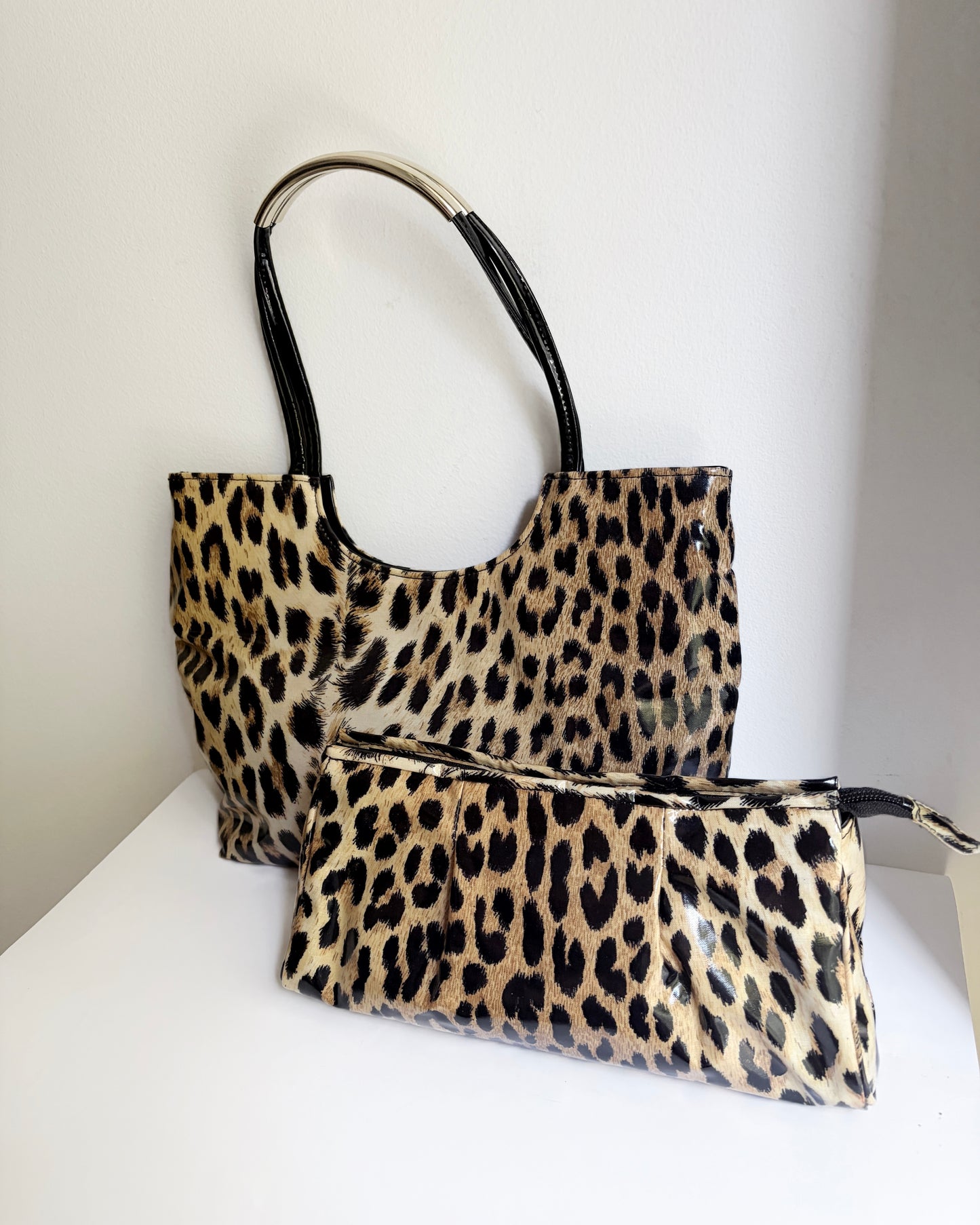 Vintage 1980s Leopard Print Vinyl Handbag & Matching Clutch Set - Made in Italy