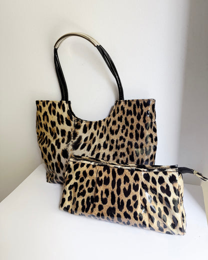 Vintage 1980s Leopard Print Vinyl Handbag & Matching Clutch Set - Made in Italy