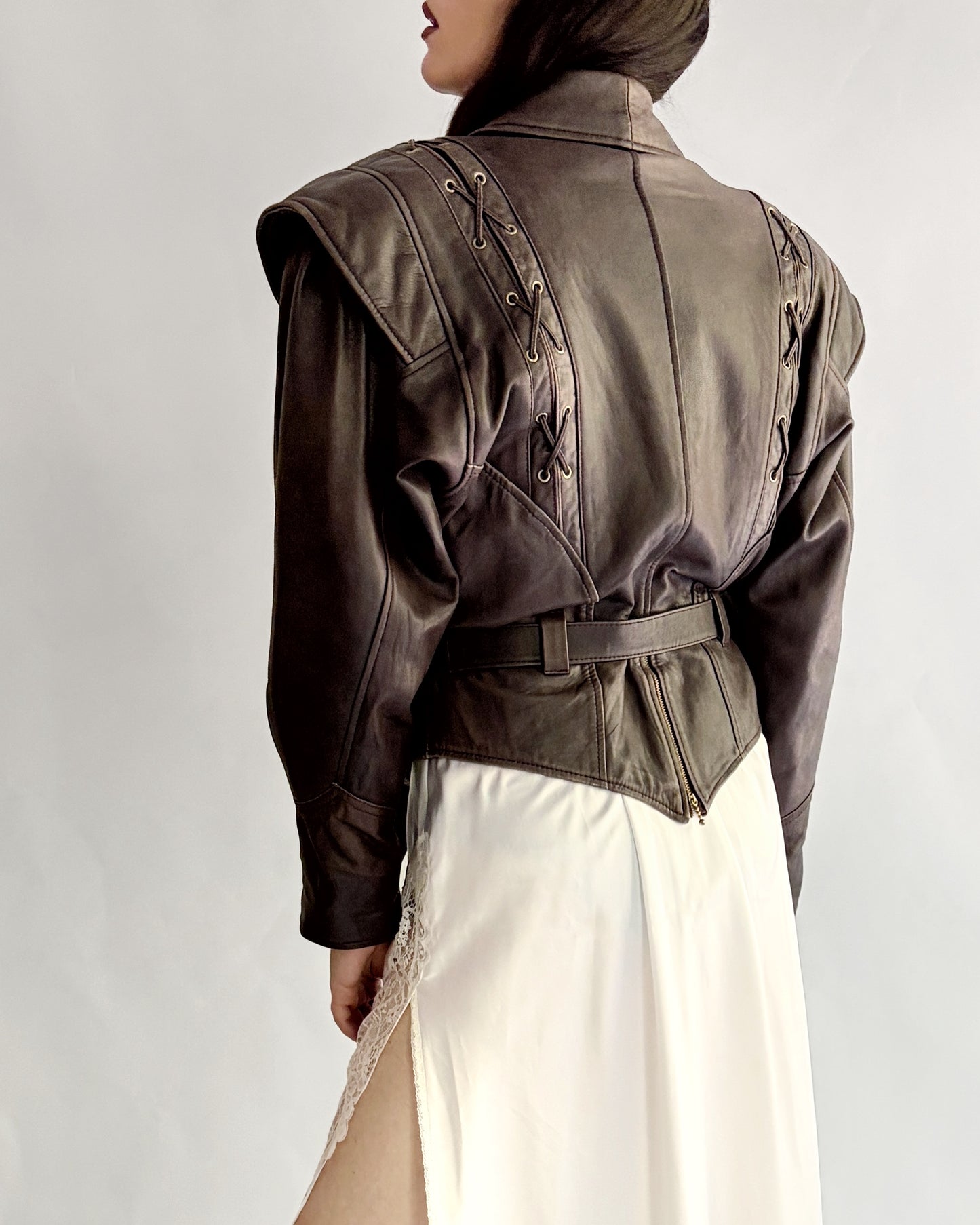 Vintage 1980s Brown Lace-Up Belted Leather Jacket