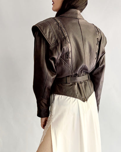 Vintage 1980s Brown Lace-Up Belted Leather Jacket