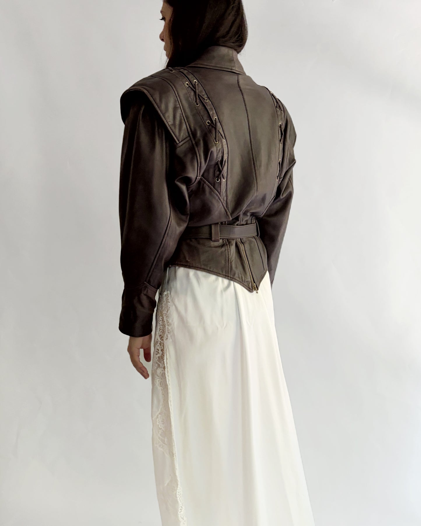 Vintage 1980s Brown Lace-Up Belted Leather Jacket