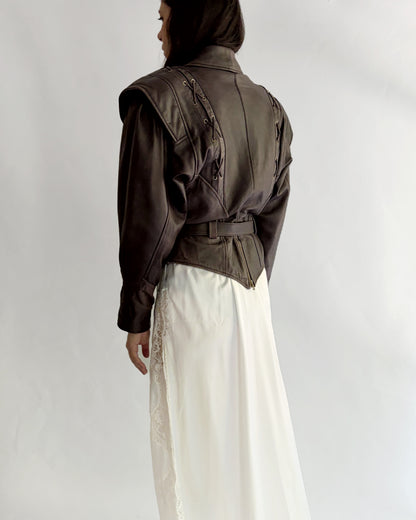 Vintage 1980s Brown Lace-Up Belted Leather Jacket