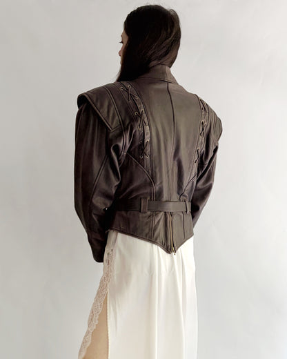 Vintage 1980s Brown Lace-Up Belted Leather Jacket