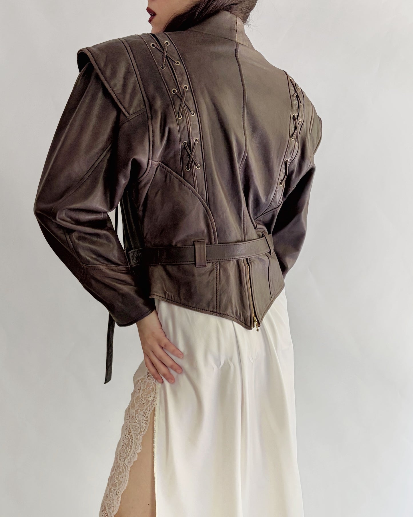 Vintage 1980s Brown Lace-Up Belted Leather Jacket
