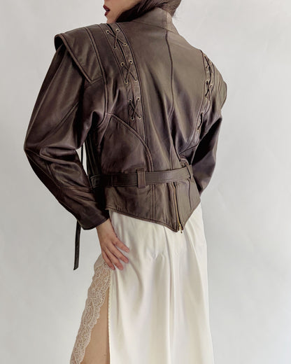 Vintage 1980s Brown Lace-Up Belted Leather Jacket