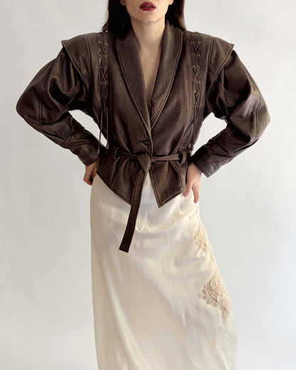 Vintage 1980s Brown Lace-Up Belted Leather Jacket