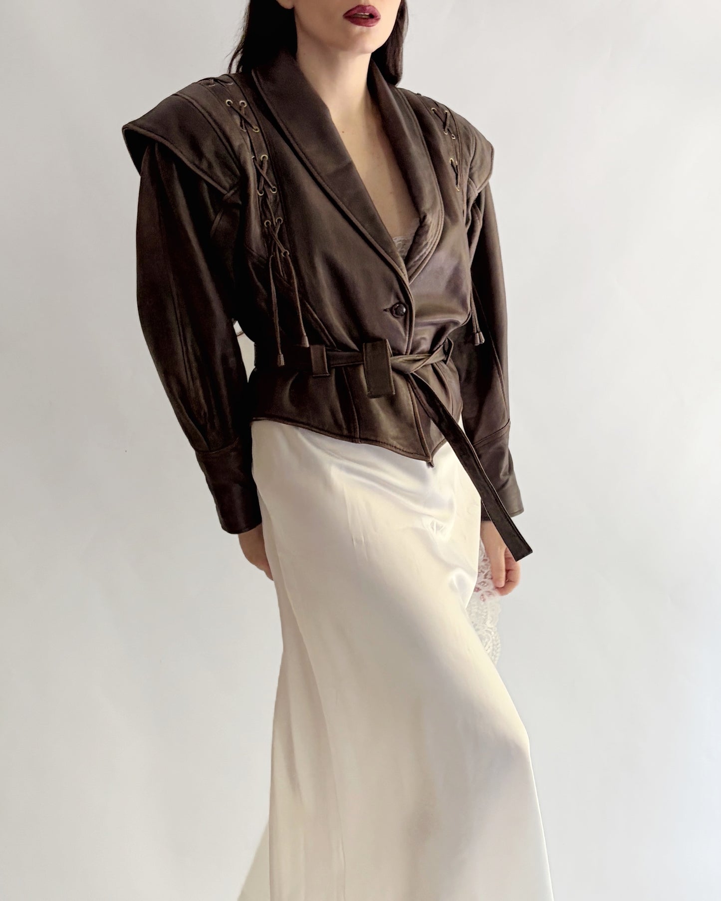 Vintage 1980s Brown Lace-Up Belted Leather Jacket