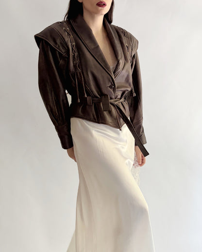 Vintage 1980s Brown Lace-Up Belted Leather Jacket