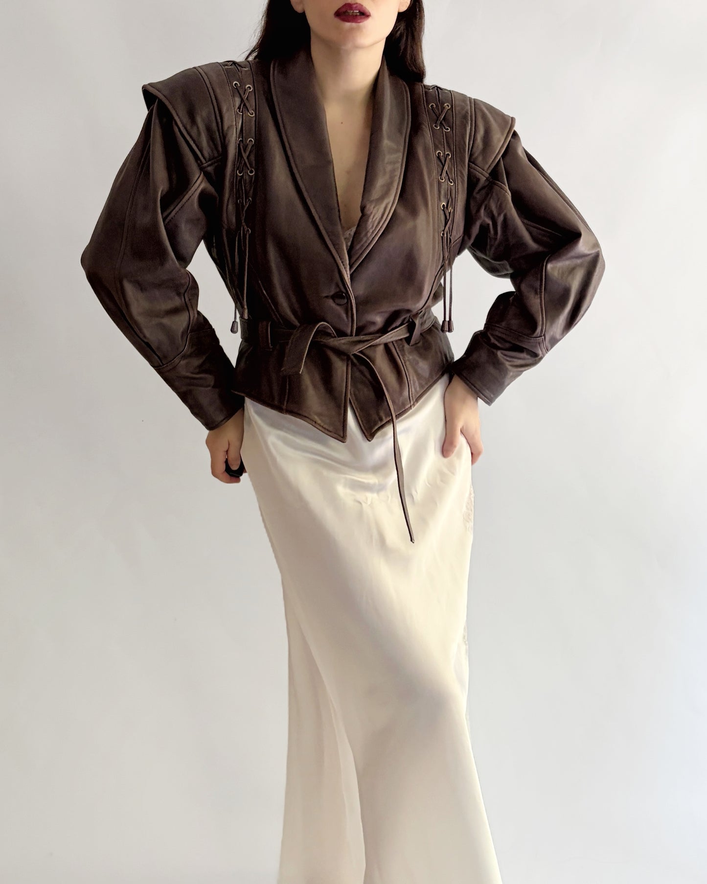 Vintage 1980s Brown Lace-Up Belted Leather Jacket