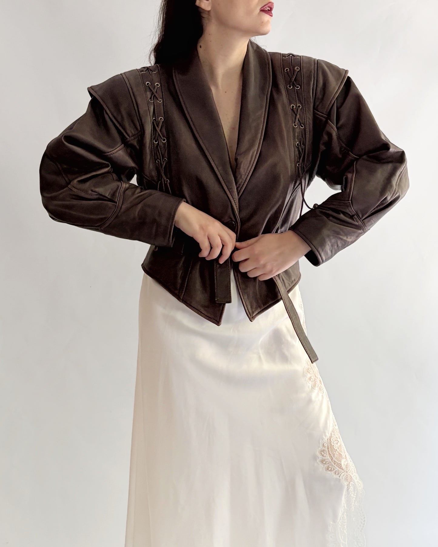 Vintage 1980s Brown Lace-Up Belted Leather Jacket