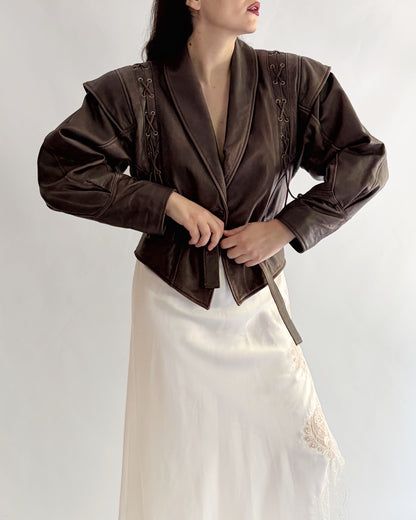 Vintage 1980s Brown Lace-Up Belted Leather Jacket