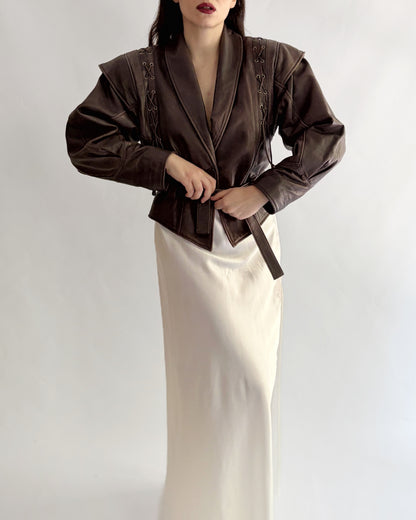 Vintage 1980s Brown Lace-Up Belted Leather Jacket