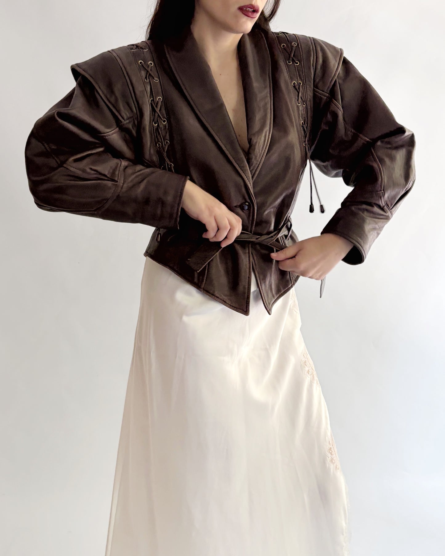 Vintage 1980s Brown Lace-Up Belted Leather Jacket
