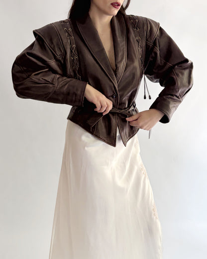 Vintage 1980s Brown Lace-Up Belted Leather Jacket