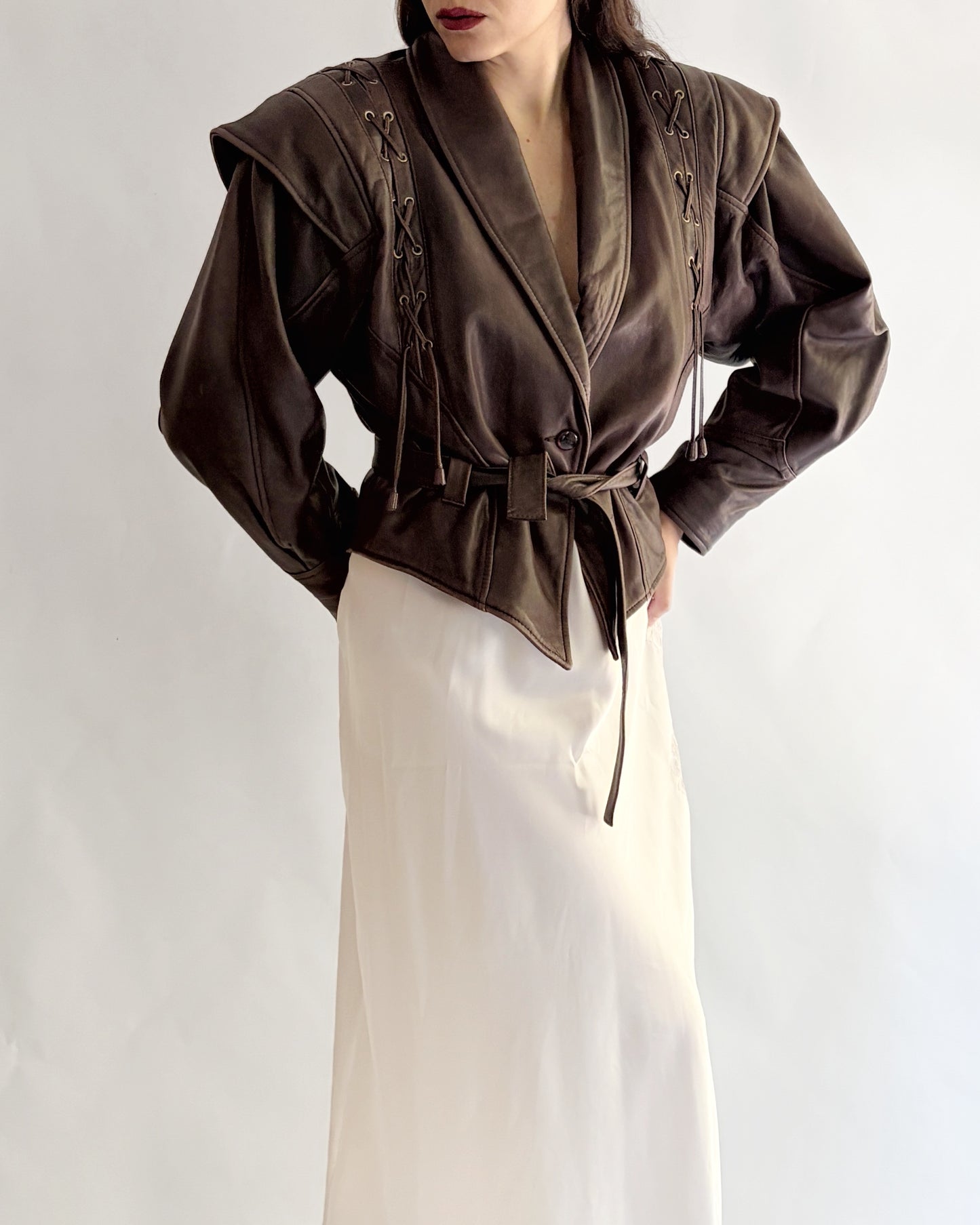 Vintage 1980s Brown Lace-Up Belted Leather Jacket