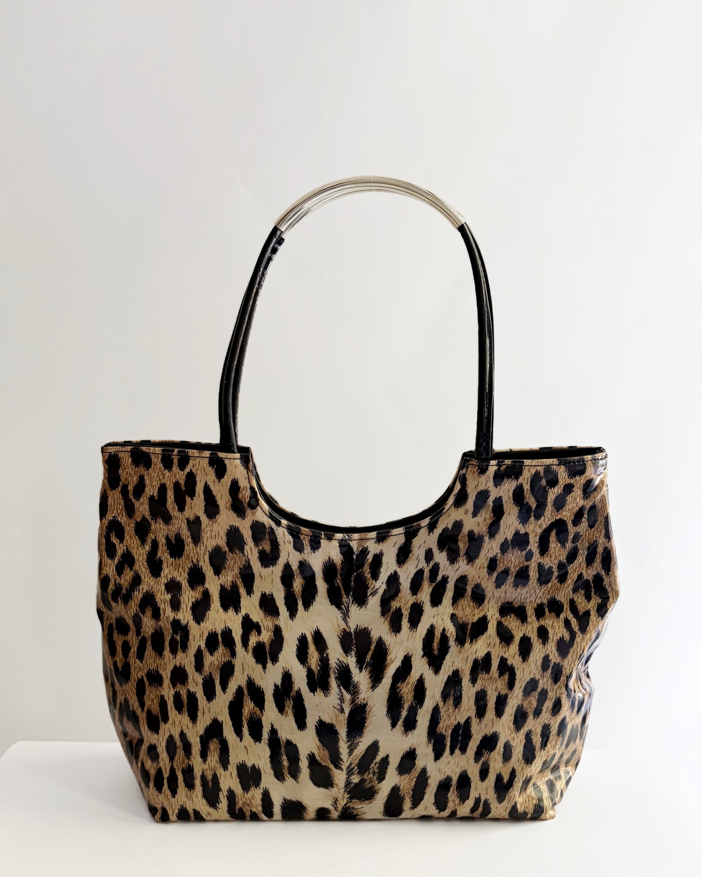 Vintage 1980s Leopard Print Vinyl Handbag & Matching Clutch Set - Made in Italy