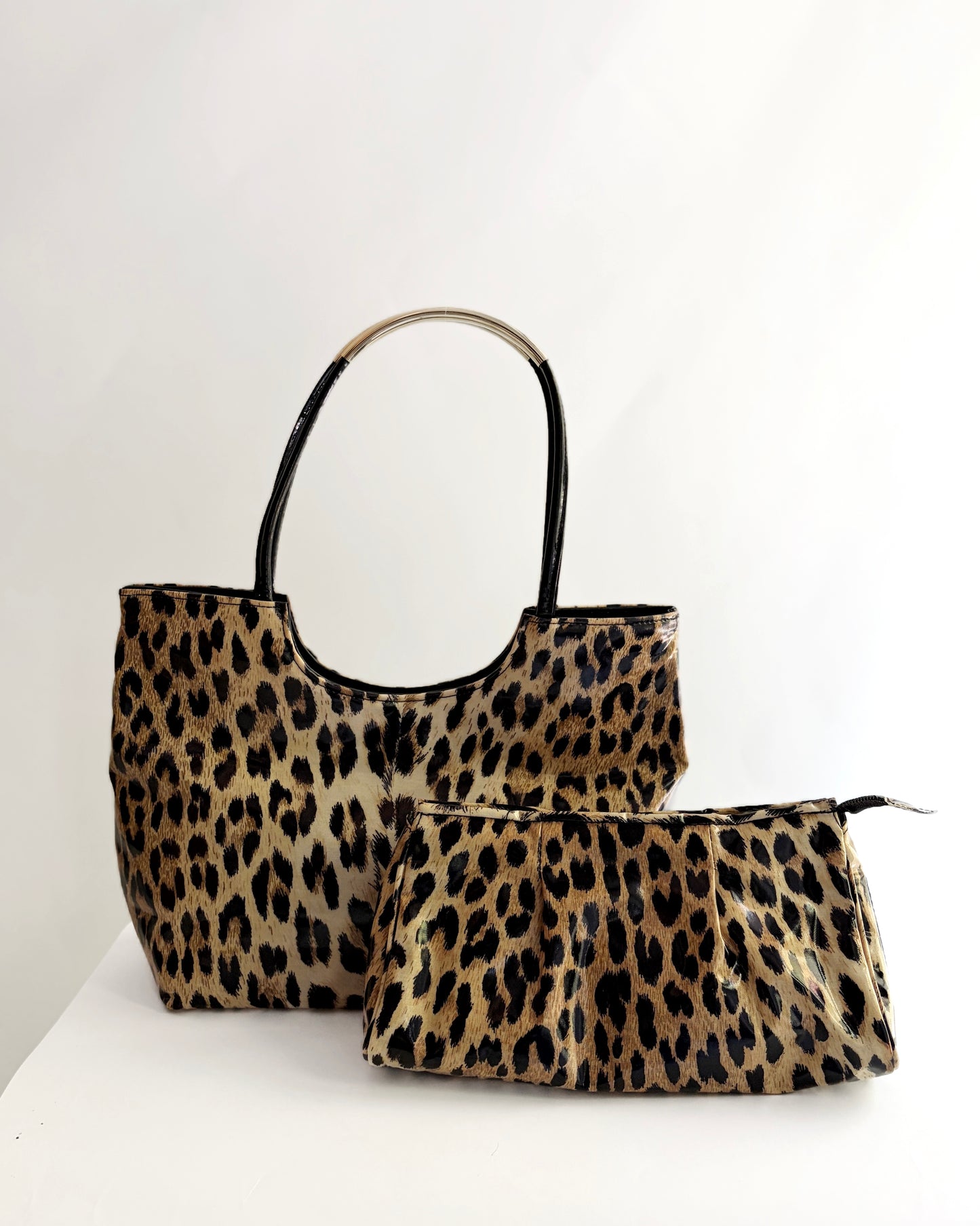 Vintage 1980s Leopard Print Vinyl Handbag & Matching Clutch Set - Made in Italy