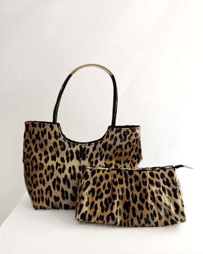 Vintage 1980s Leopard Print Vinyl Handbag & Matching Clutch Set - Made in Italy