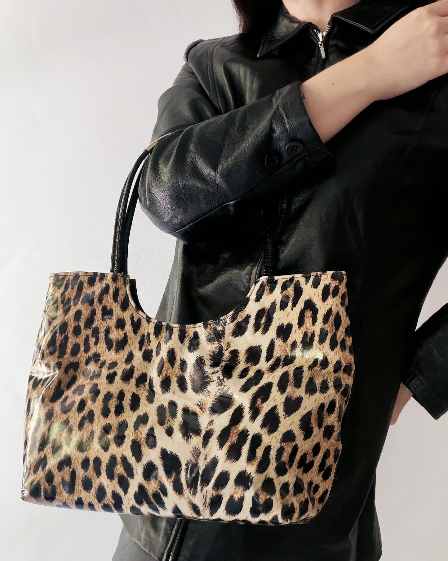 Vintage 1980s Leopard Print Vinyl Handbag & Matching Clutch Set - Made in Italy