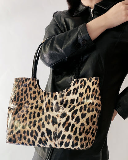 Vintage 1980s Leopard Print Vinyl Handbag & Matching Clutch Set - Made in Italy