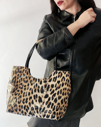 Vintage 1980s Leopard Print Vinyl Handbag & Matching Clutch Set - Made in Italy
