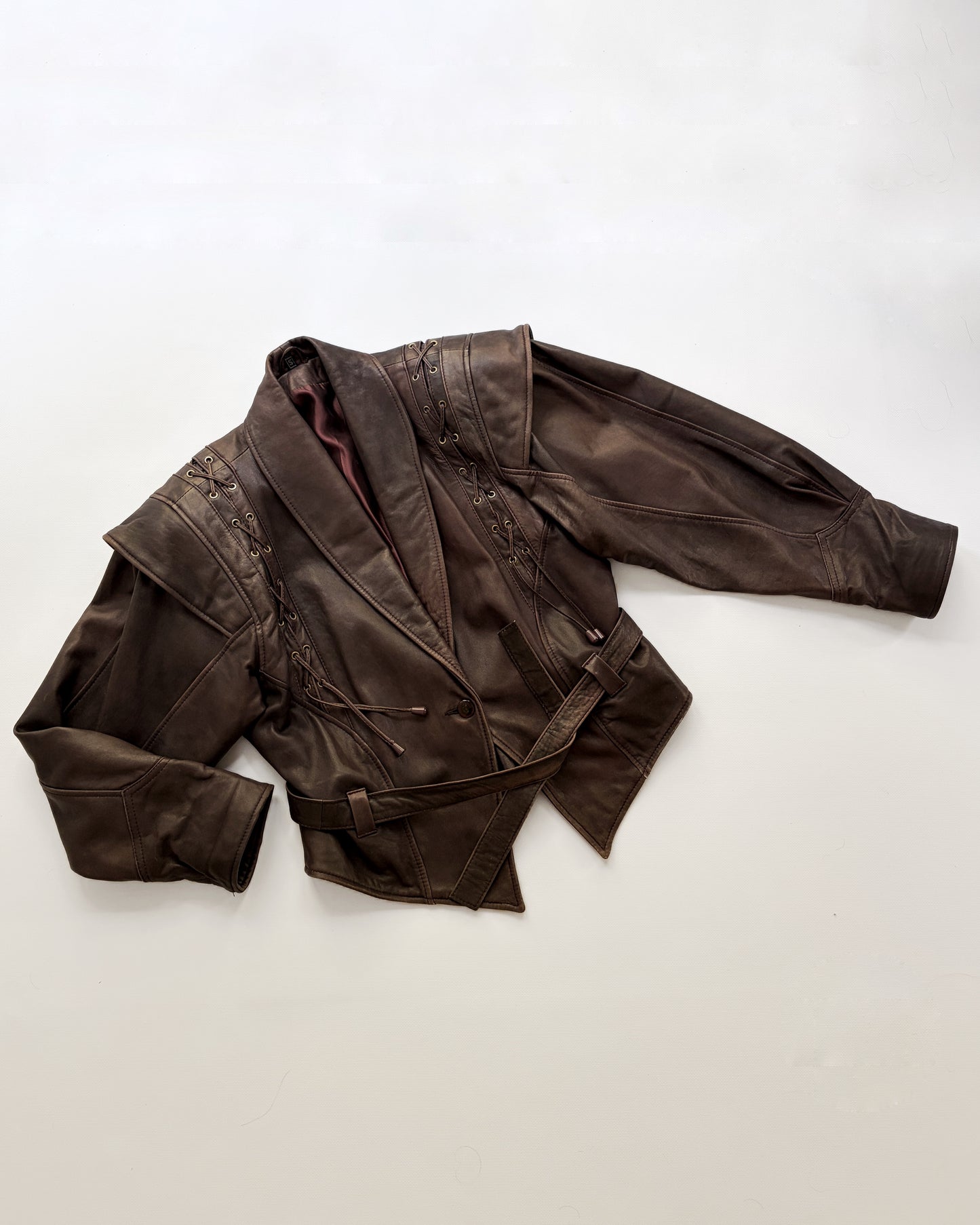 Vintage 1980s Brown Lace-Up Belted Leather Jacket