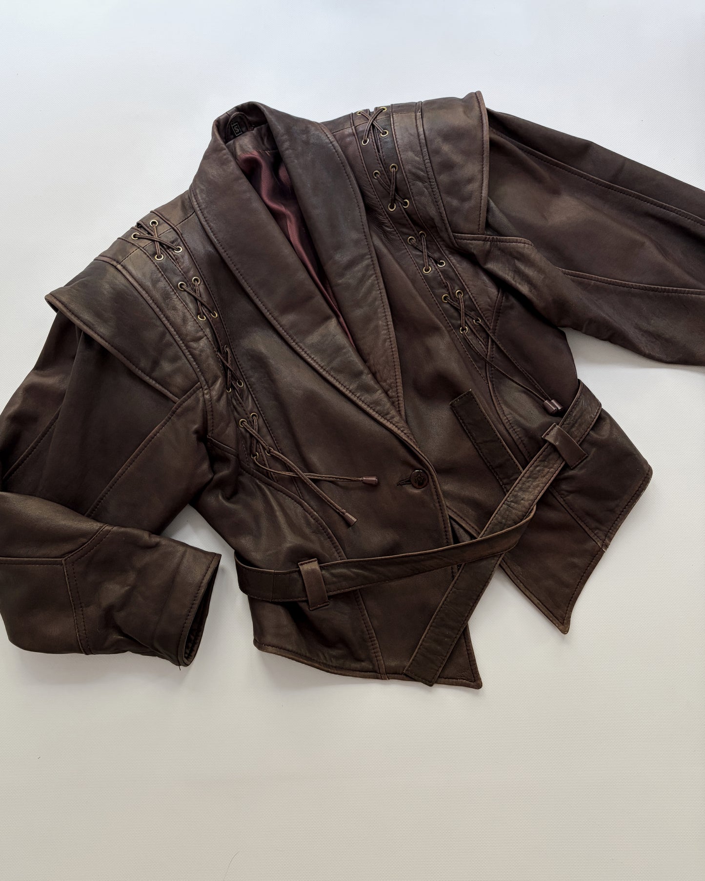 Vintage 1980s Brown Lace-Up Belted Leather Jacket