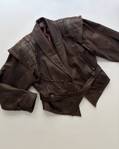 Vintage 1980s Brown Lace-Up Belted Leather Jacket