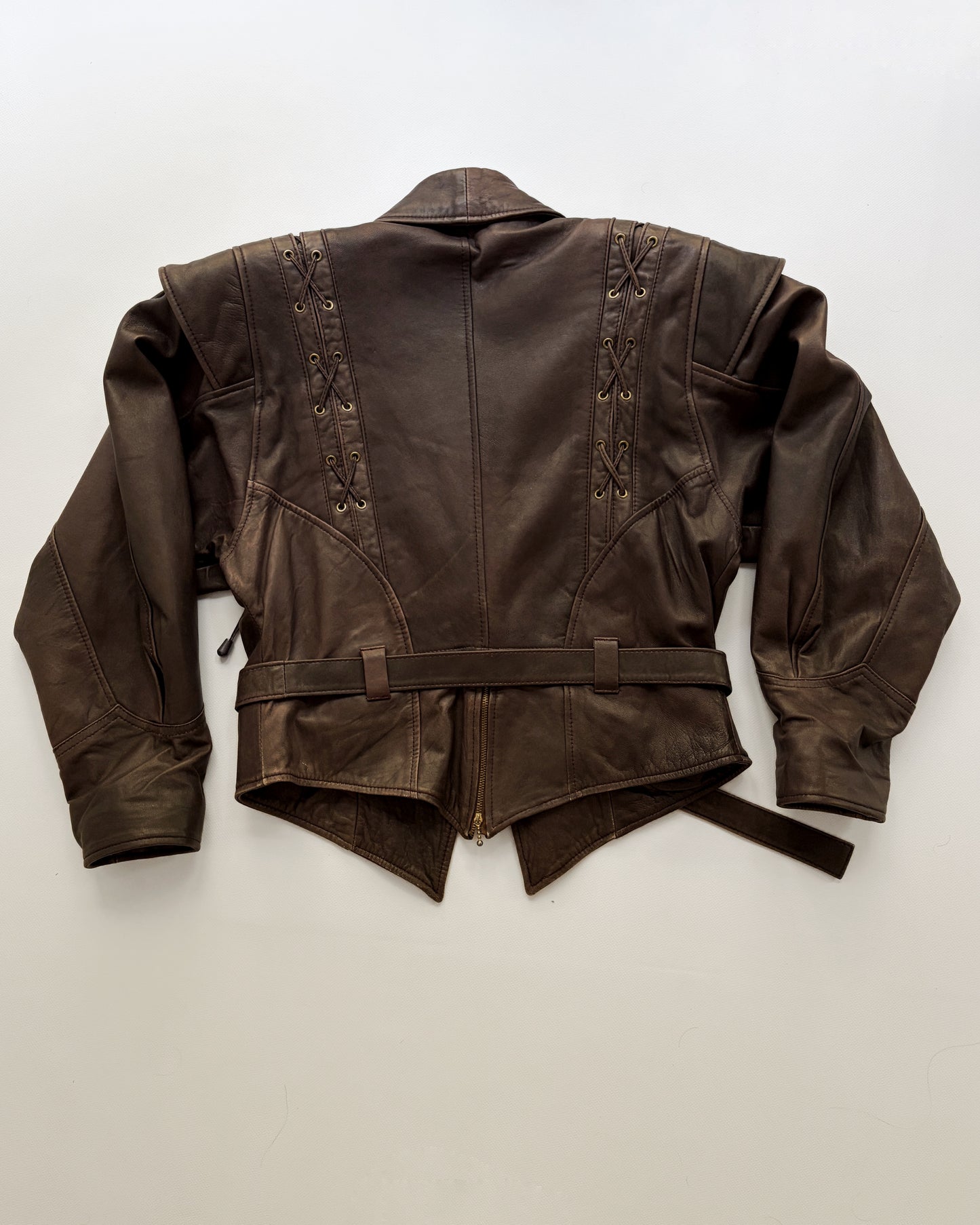 Vintage 1980s Brown Lace-Up Belted Leather Jacket