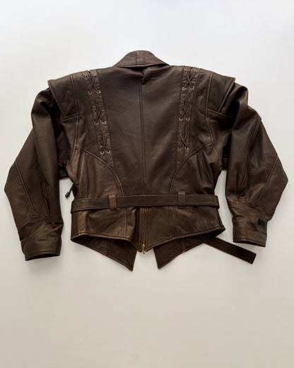 Vintage 1980s Brown Lace-Up Belted Leather Jacket